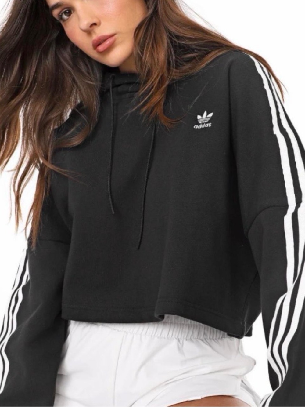 adidas Originals Black Cropped Hoodie White 3-Stripes XS